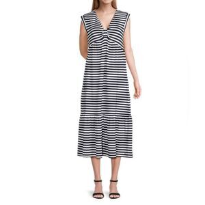 Tommy Hilfiger L White Navy Sky Captain Knit V-Neck Sleeveless Midi Dress